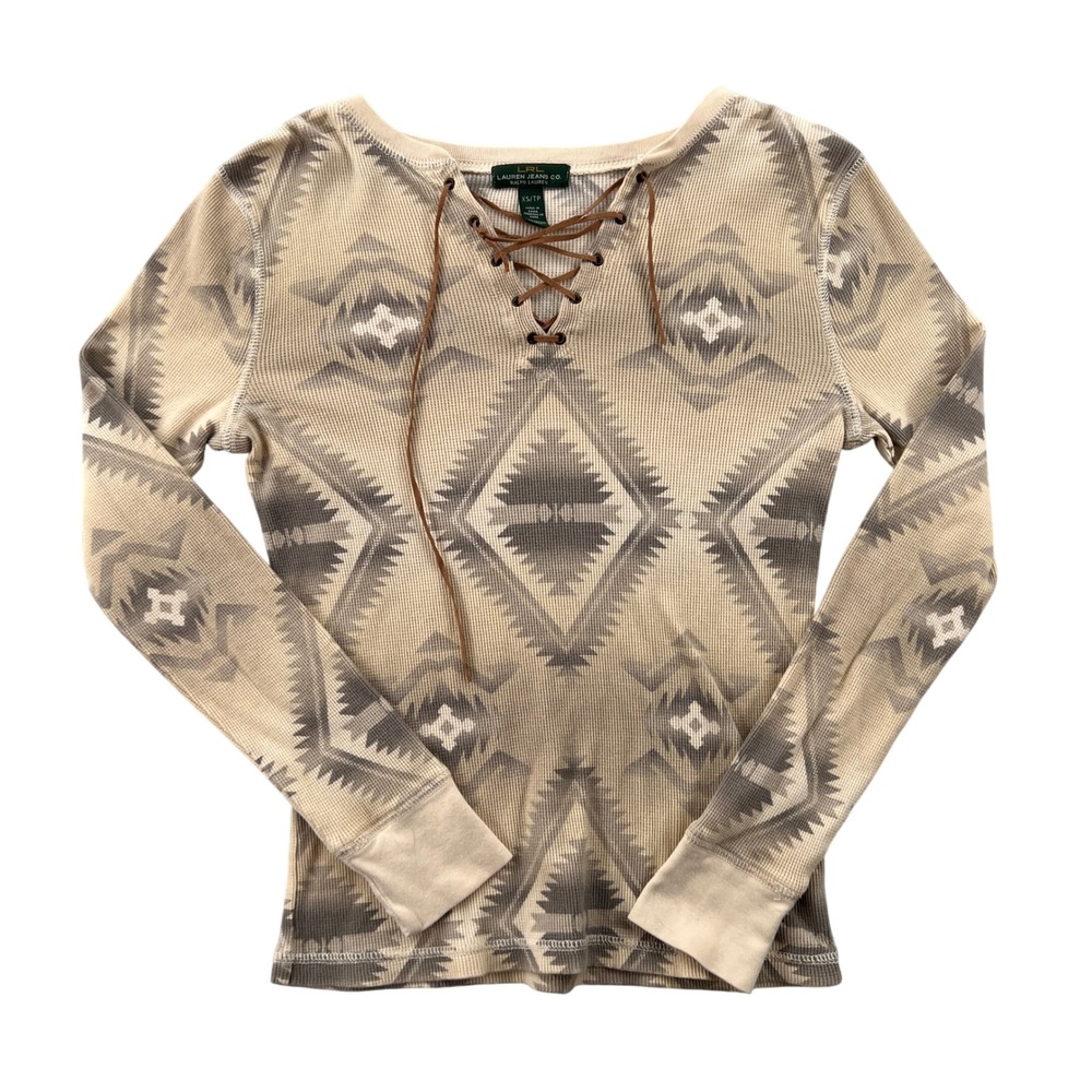Lauren Jeans Co Ralph Lauren Southwestern Waffle Aztec Knit Top Women XS Beige